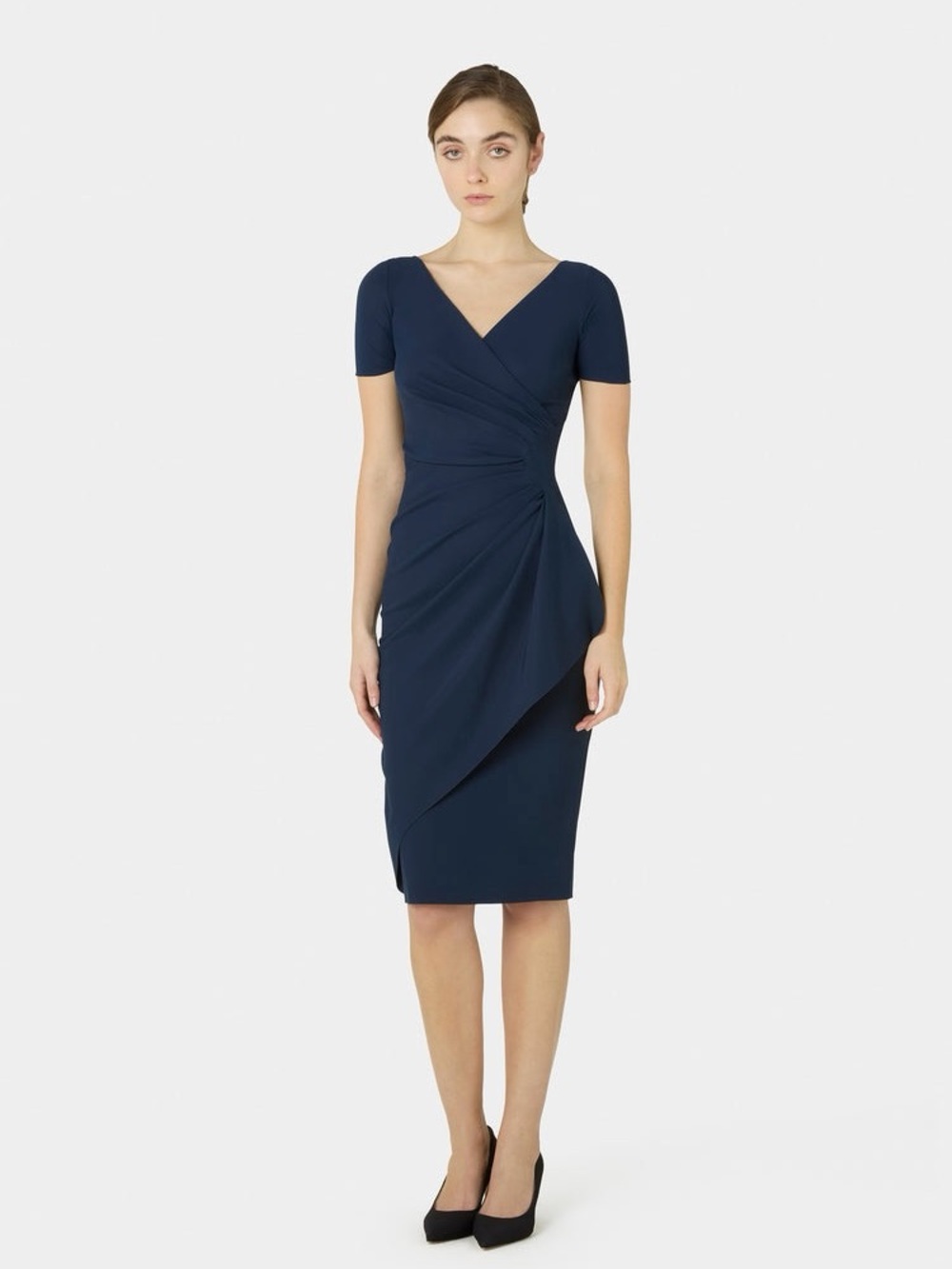 Chiara Boni Charisse V Neck Side Drape Stretch Dress Navy Dusk Blue